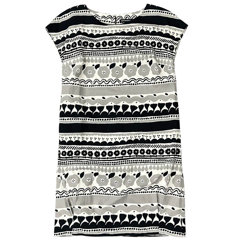 Marimekko Siro Shift Dress Black Grey Cream Graphic Print Cotton Lined 38 US 8